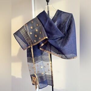 Fabindia NWT silk blend Jamdani scarf stole blue gray & gold zari polka dots